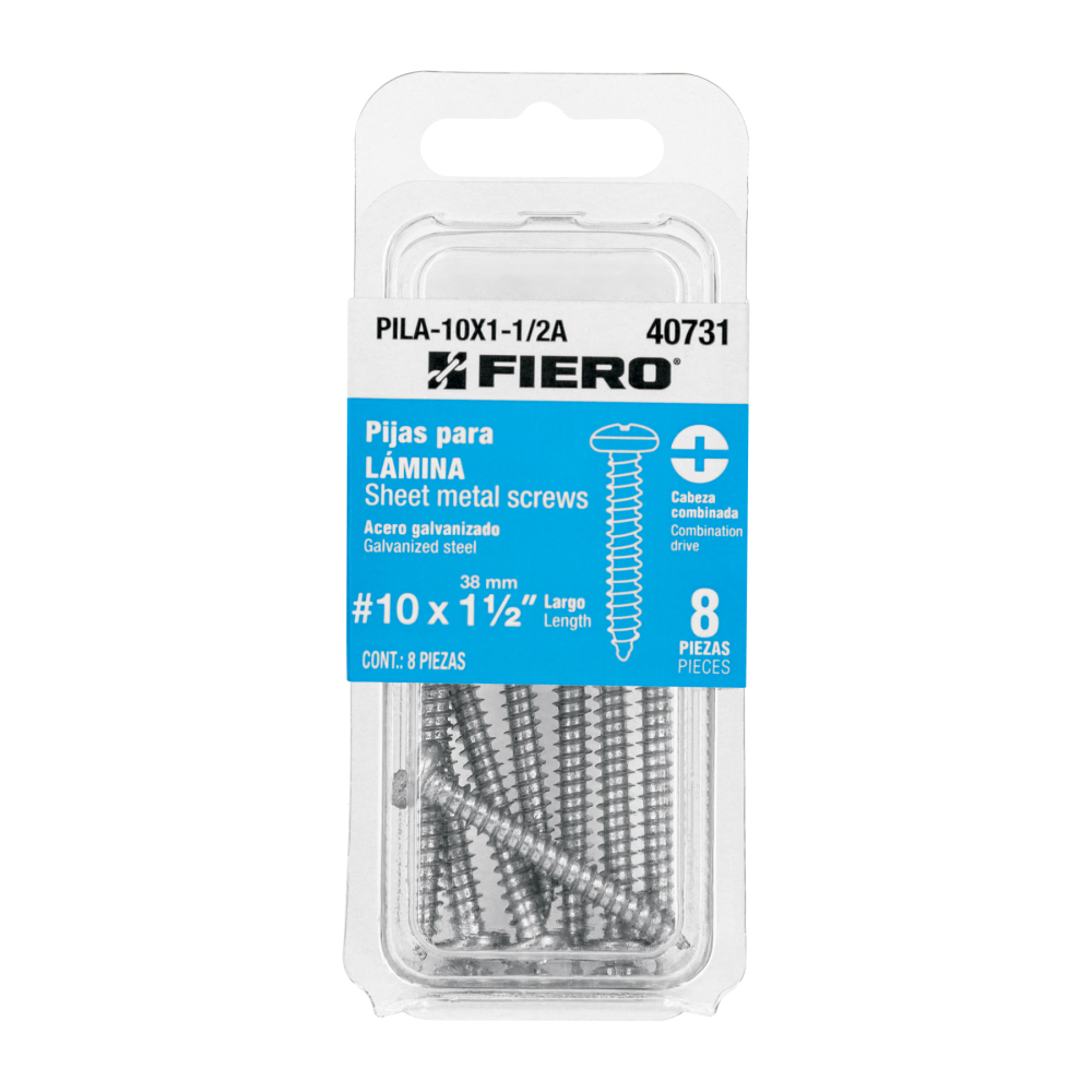 Blíster con 8 pijas para lámina, #10 x 1-1/2', FIERO PILA-10X1-1/2A
