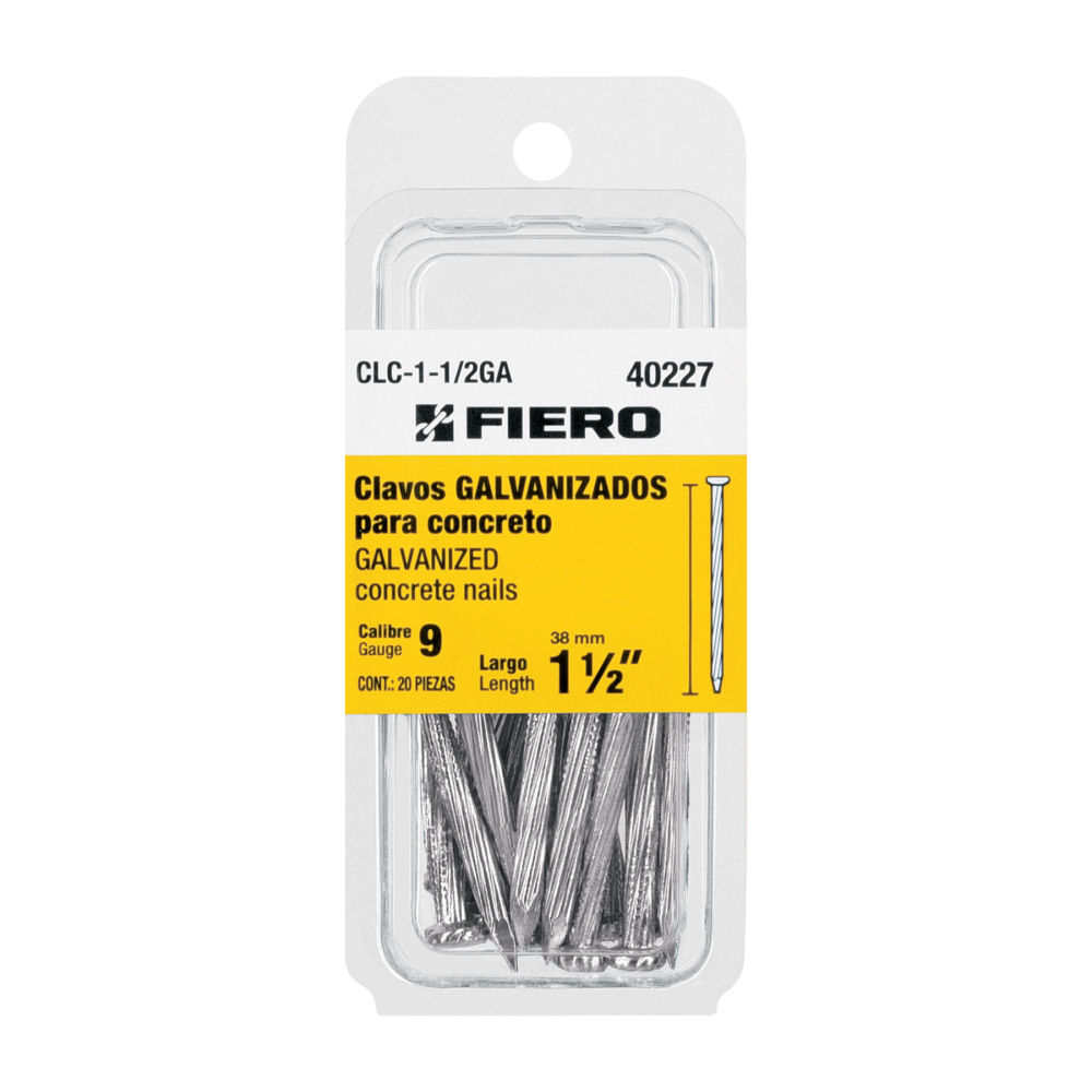 Blíster con 20 clavos galvanizados p/concreto 1-1/2', FIERO CLC-1-1/2GA