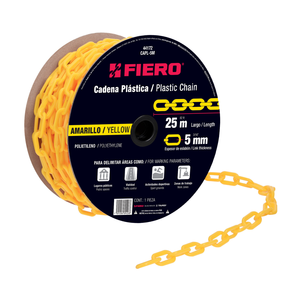 Metro de cadena de 5 mm de plástico amarilla, carrete de 25m CAPL-5M