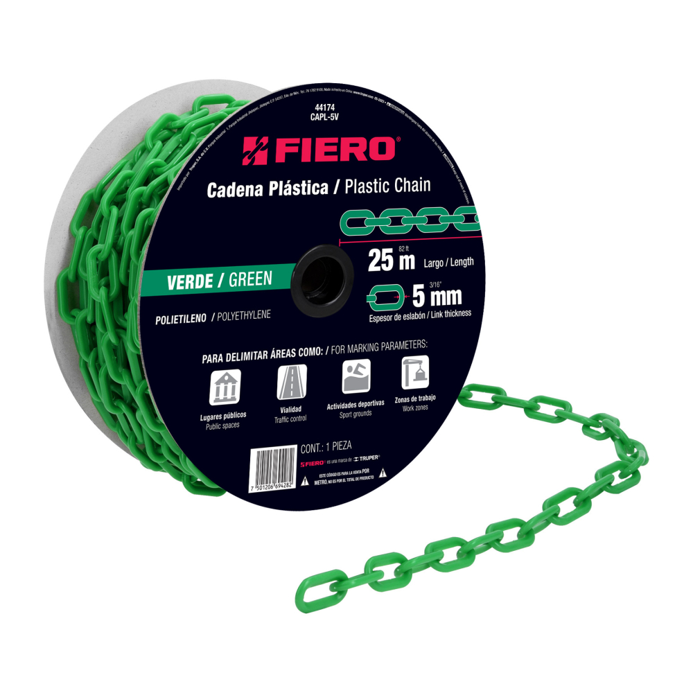 Metro de cadena de 5 mm de plástico verde, carrete de 25 m CAPL-5V