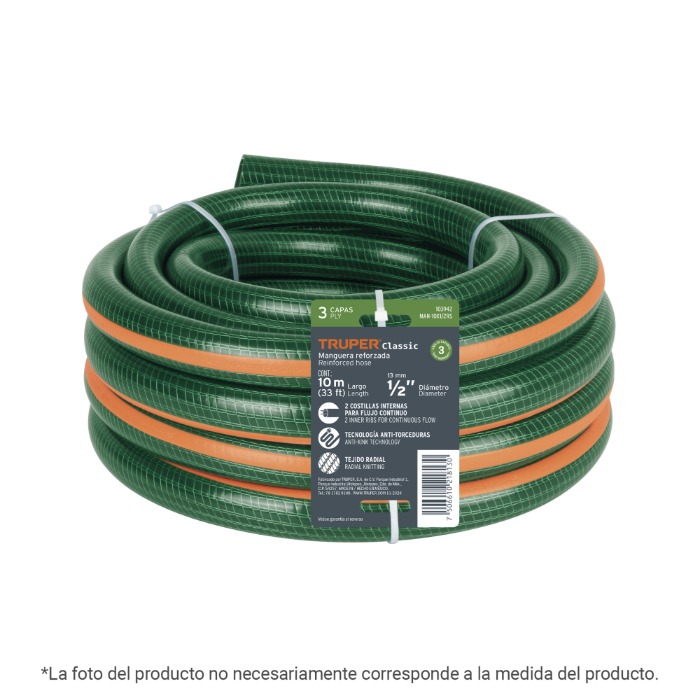 Manguera de jardín 1', 3 capas, 3m, sin conexiones, TRUPER MAN-03X1RS