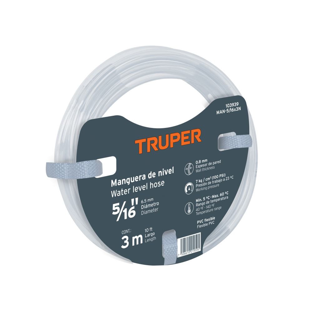 Manguera de Nivel, 5/16', rollo de 3m, TRUPER MAN-5/16X3N