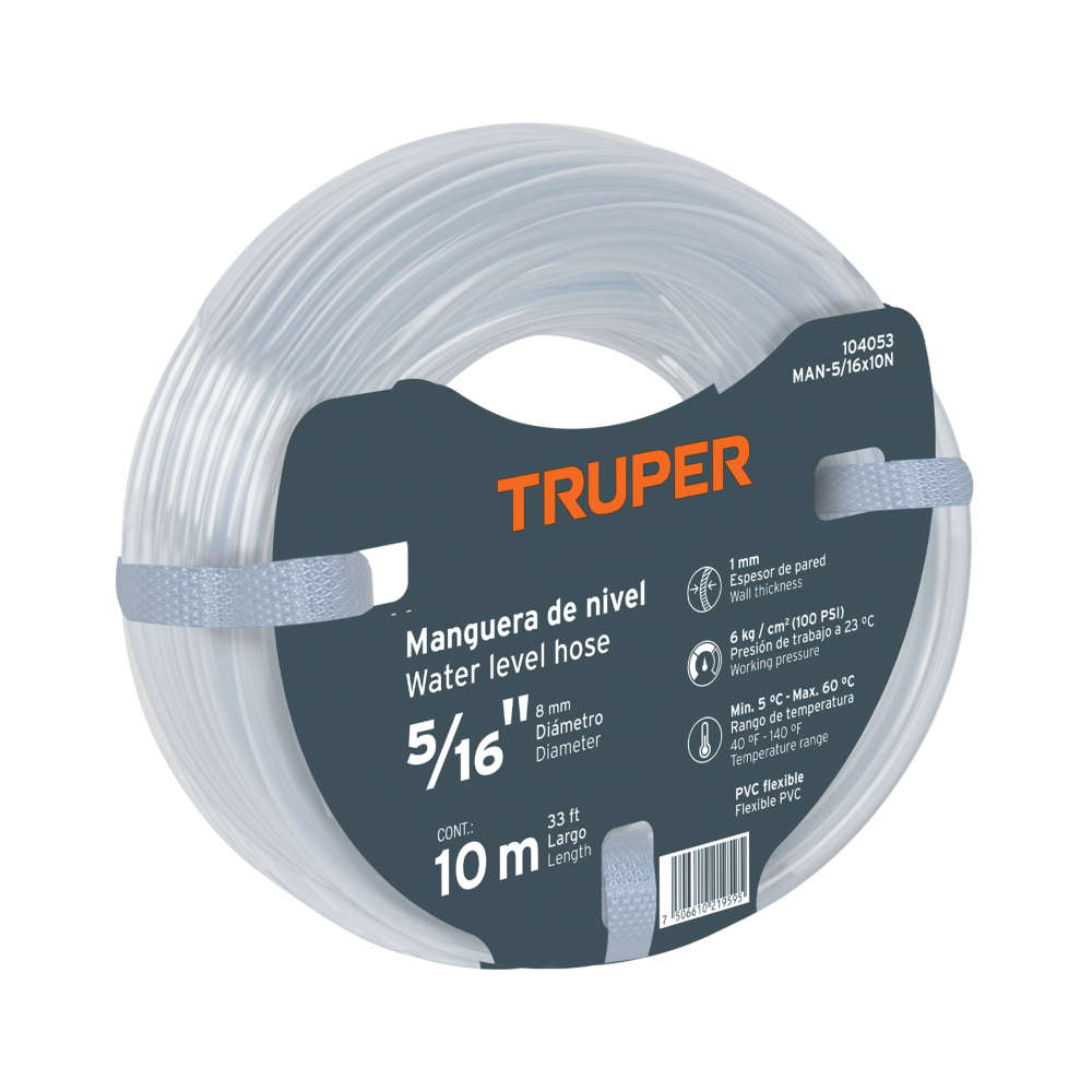 Manguera de Nivel, 5/16', rollo de 10m, TRUPER MAN-5/16X10N