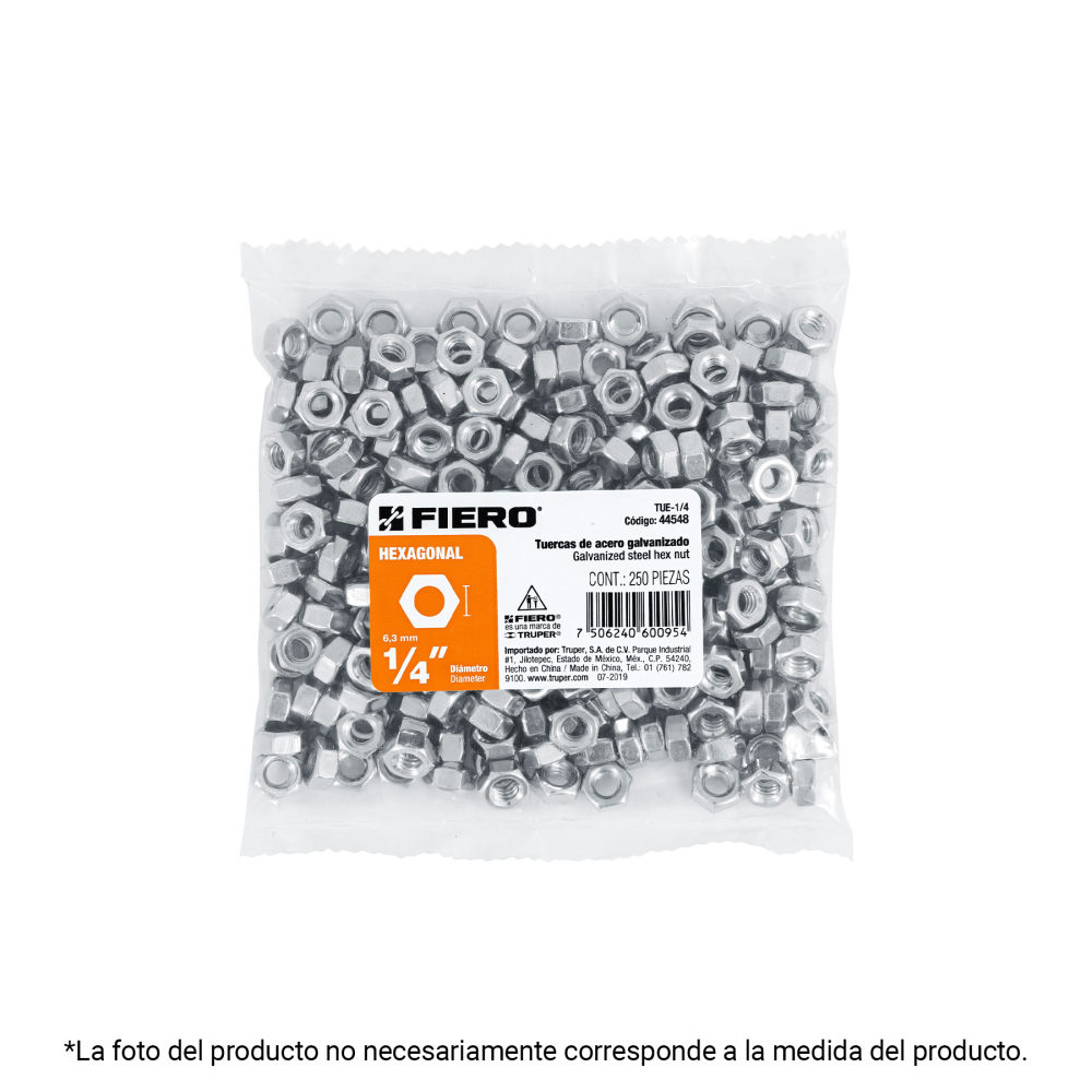 Bolsa con 6 tuercas 1' hexagonales de acero galvanizado TUE-1