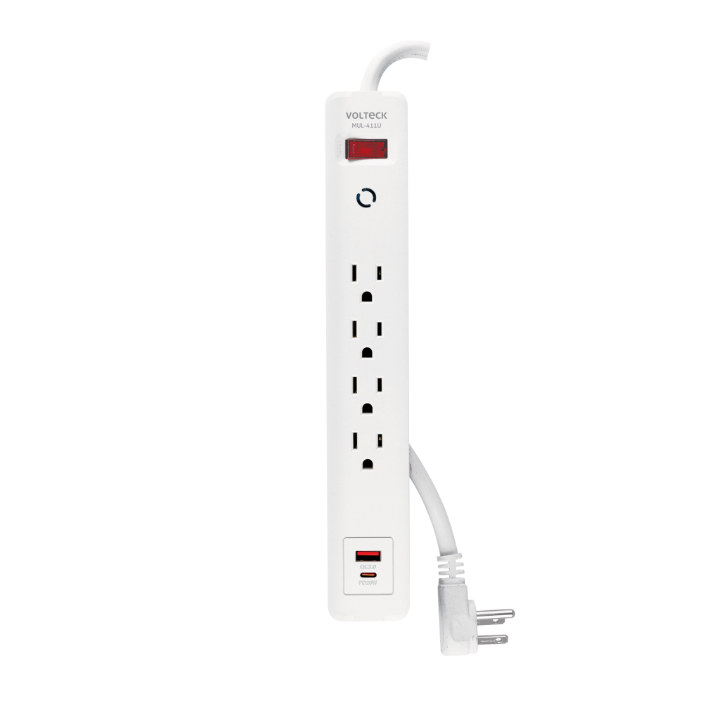 Multicontacto 4 entradas, 1 USB A + 1 USB C, blanco, VOLTECK MUL-411U