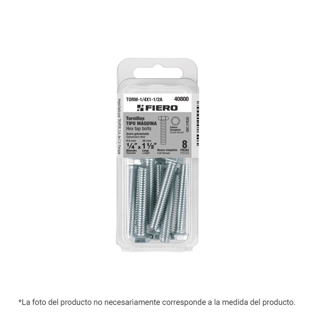 Blíster 10 tornillos máquina 1/4x1' hexagonal,galvanizado TORM-1/4X1A
