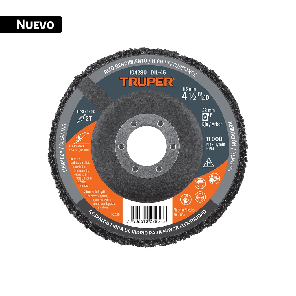 Disco removedor / limpieza 4-1/2' centro 7/8', TRUPER DIL-45