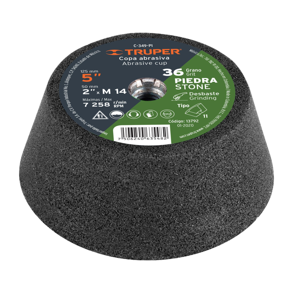 Copa desbaste de piedra 5' grano 36, eje M14, TRUPER C-349-PI