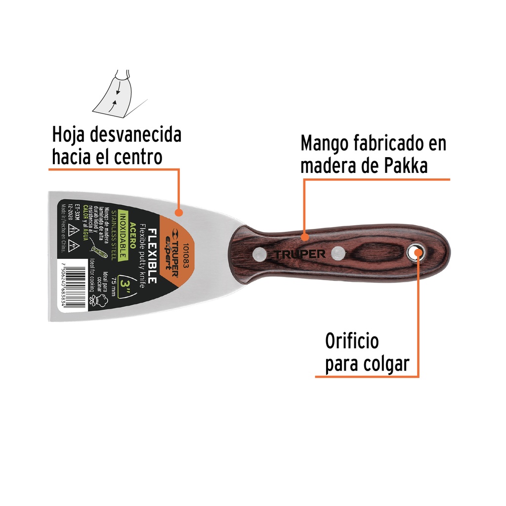 Espátula 3' acero inoxidable con mango de madera, Expert ET-3XM