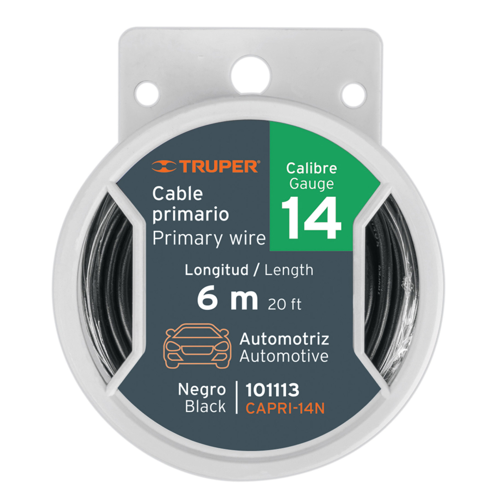 Carrete con 6 m de cable primario negro calibre 14, TRUPER CAPRI-14N