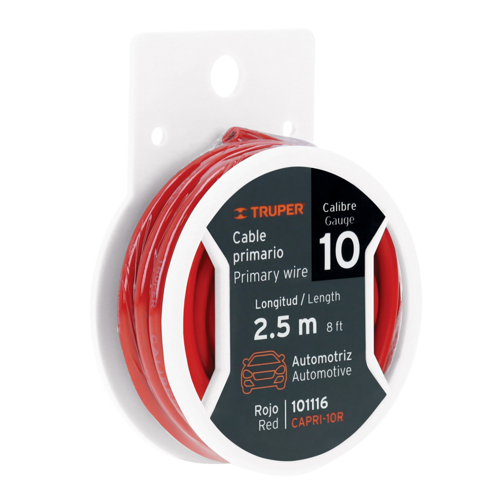 Carrete con 2.5 m de cable primario rojo calibre 10, TRUPER CAPRI-10R