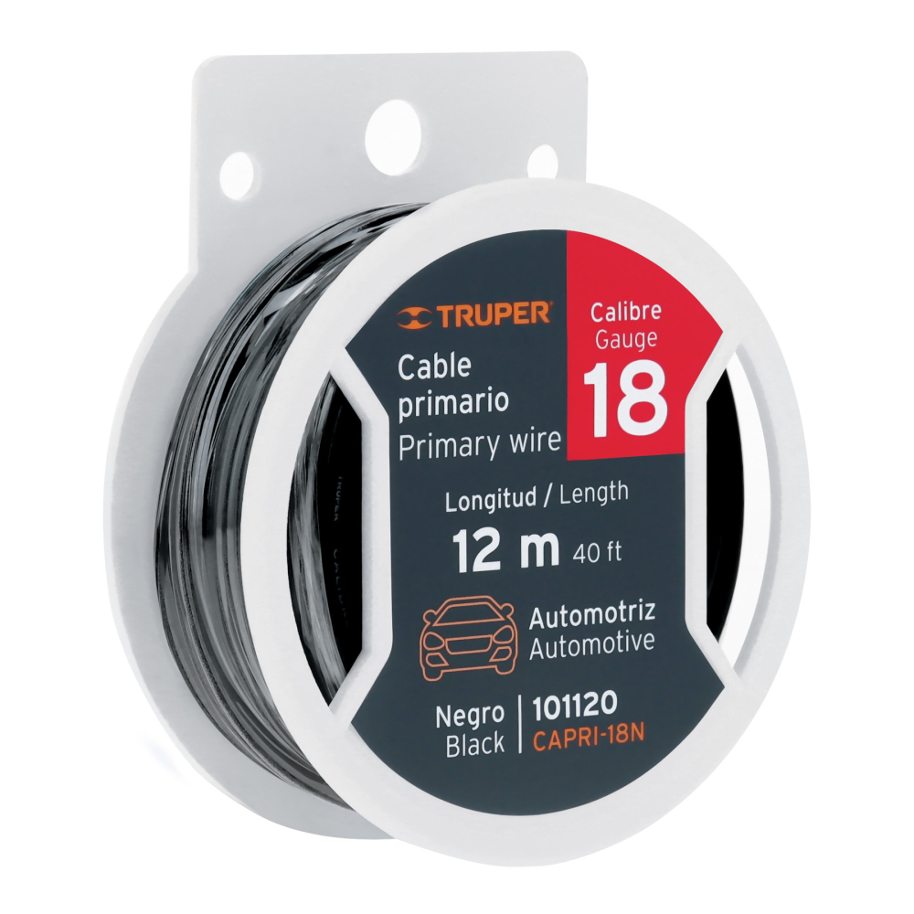 Carrete con 12 m de cable primario negro calibre 18, TRUPER CAPRI-18N