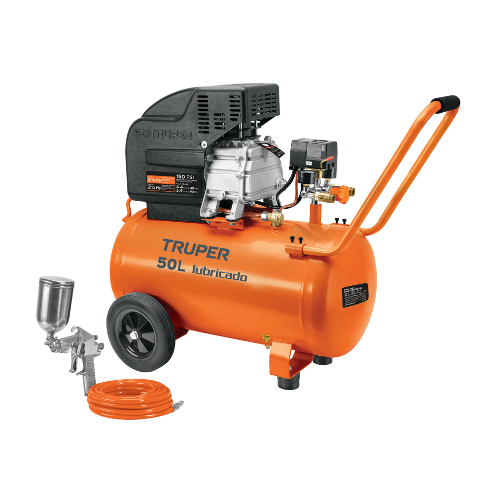 Kit Compresor lub, 50L, manguera y pistola grav,127V, TRUPER COMP-KIT50