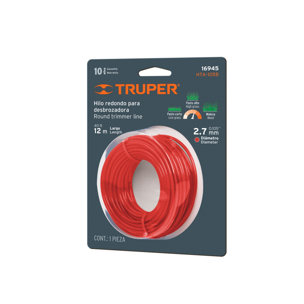 Hilo redondo, para desbrozadora, 2.7mm x12m, tarjeta, TRUPER HTA-105B