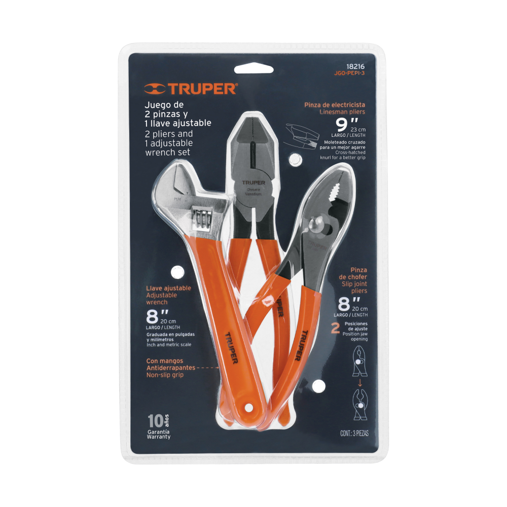 Juego con 2 pinzas y 1 llave ajustable mango de PVC, TRUPER JGO-PEPI-3