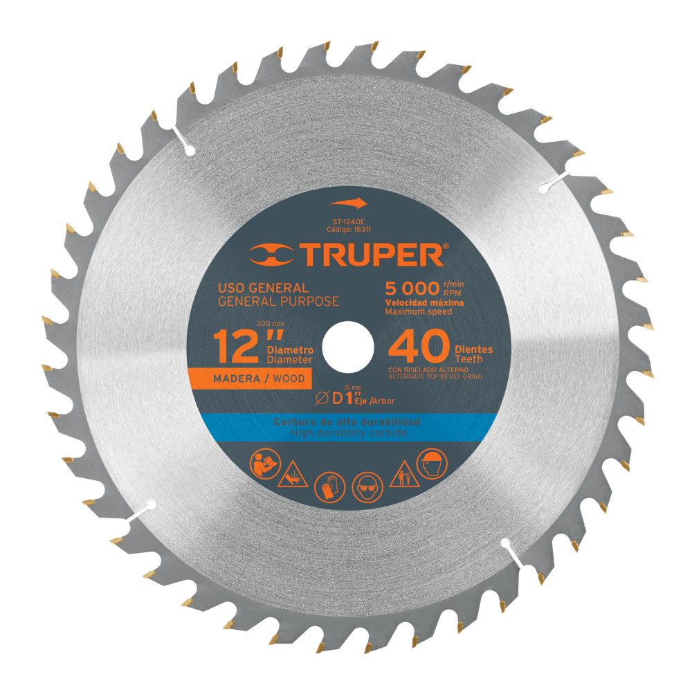 Disco sierra 12' para madera, 40 dientes centro 1', TRUPER ST-1240E