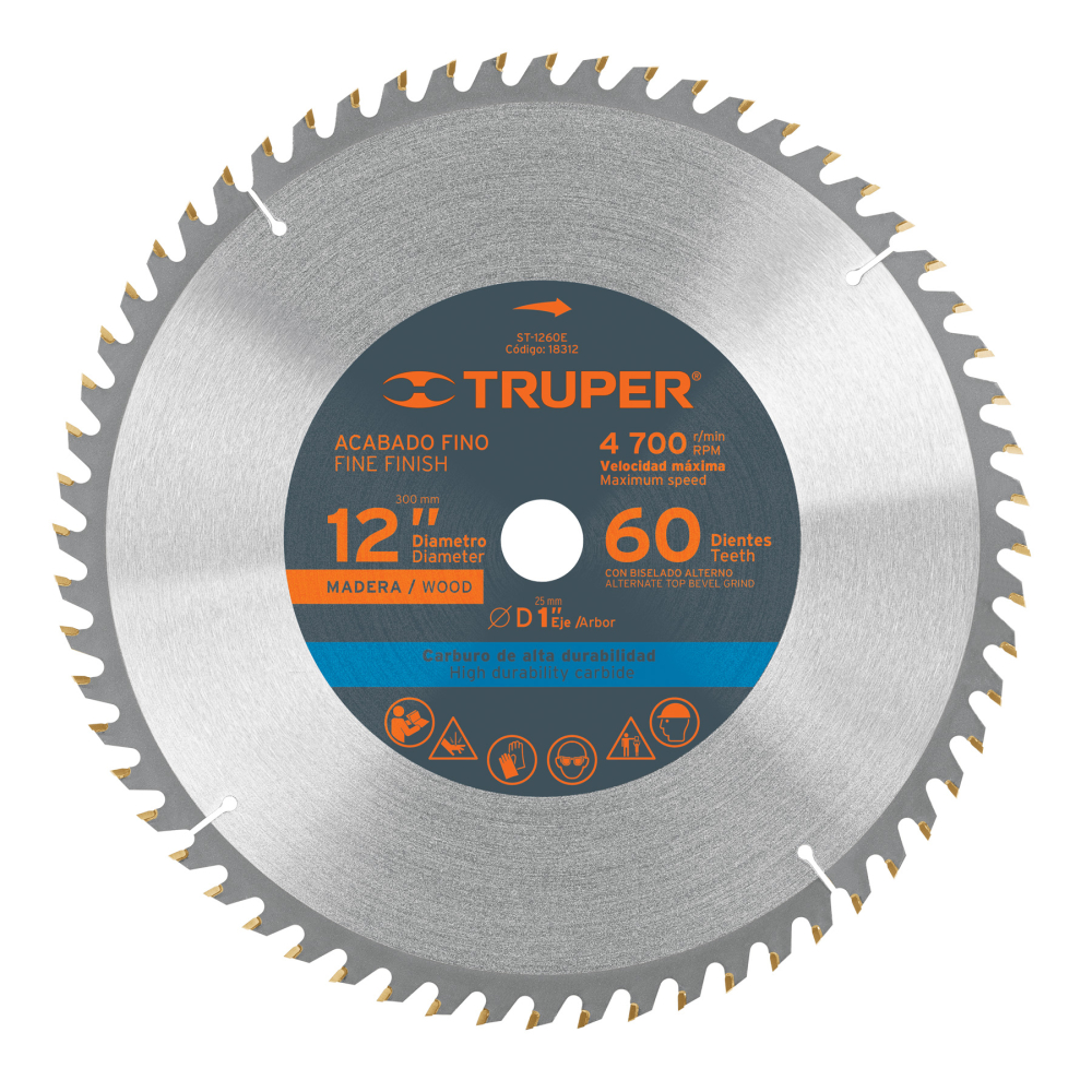Disco sierra 12' para madera, 60 dientes centro 1', TRUPER ST-1260E