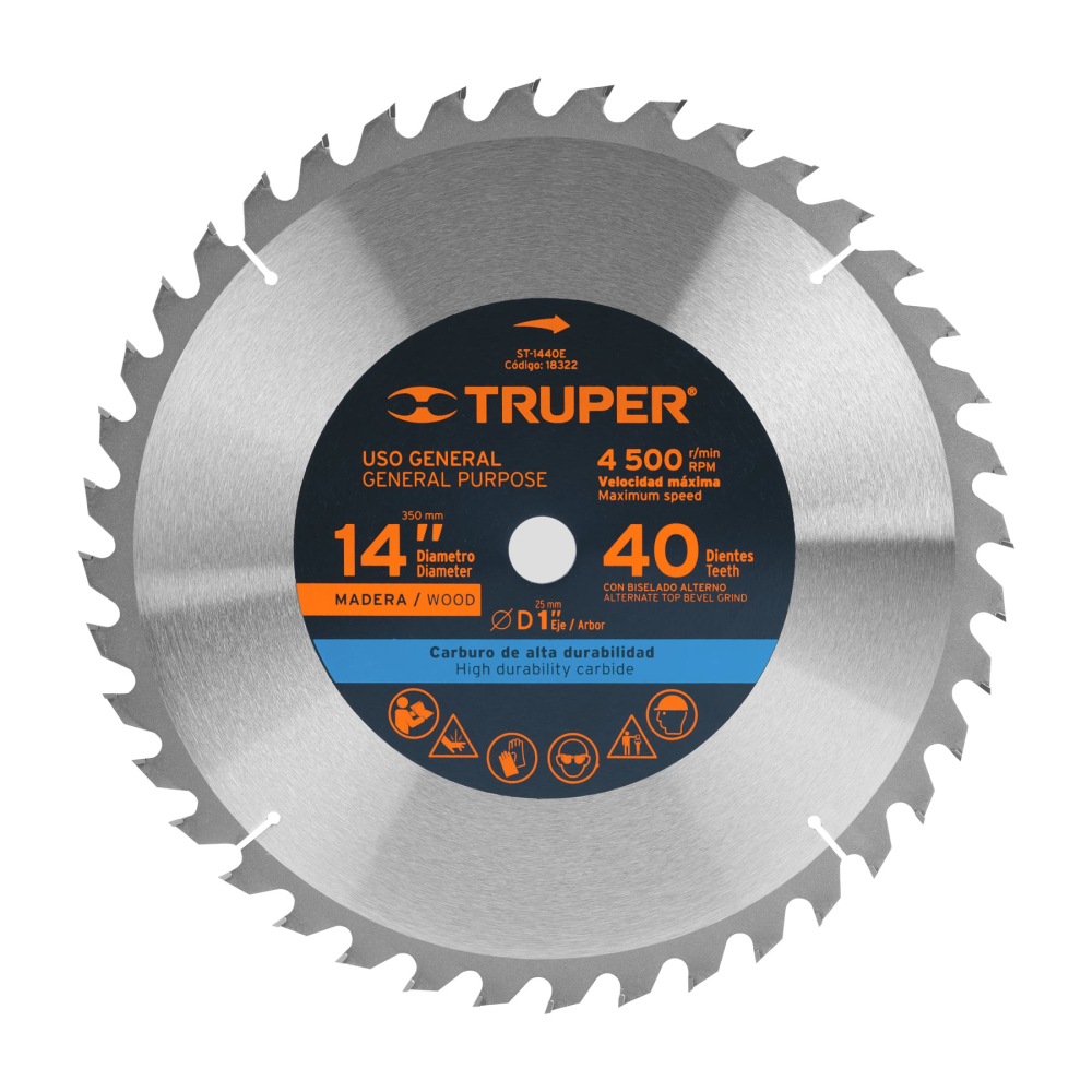 Disco sierra 14' para madera, 40 dientes centro 1', TRUPER ST-1440E