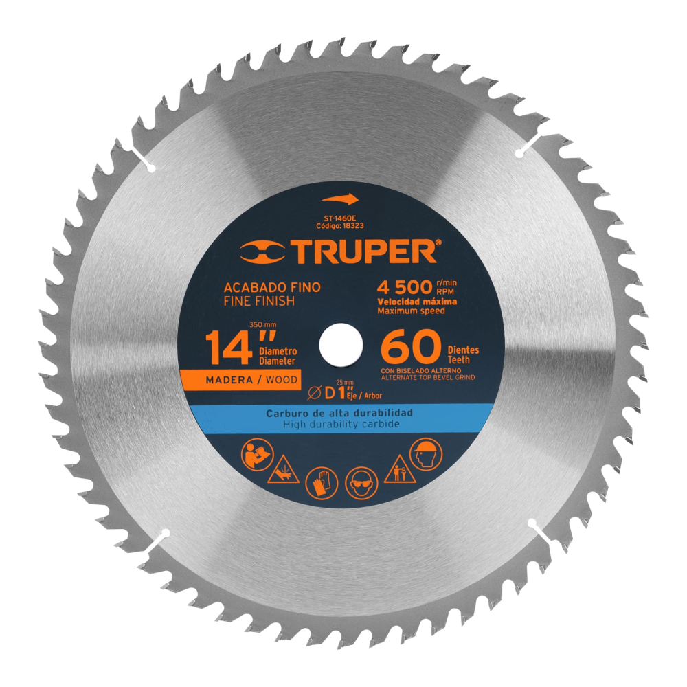 Disco sierra 14' para madera, 60 dientes centro 1', TRUPER ST-1460E