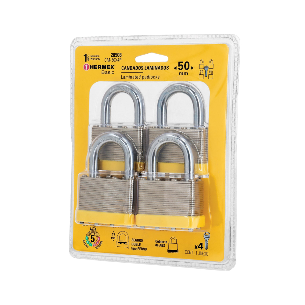 Juego de 4 candados cuerpo laminado, 50 mm, HERMEX BASIC CM-50X4P
