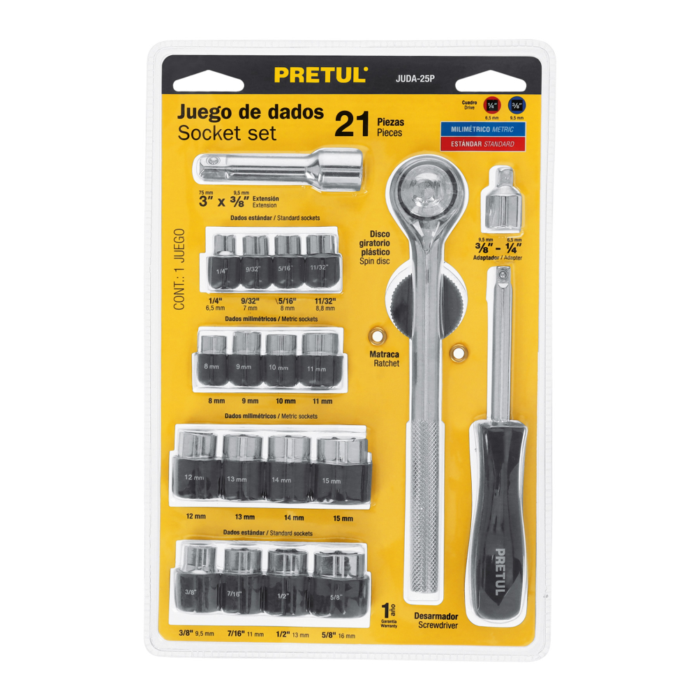 Juego de 21 herramientas 1/4' y 3/8' para mecánico, PRETUL JUDA-25P