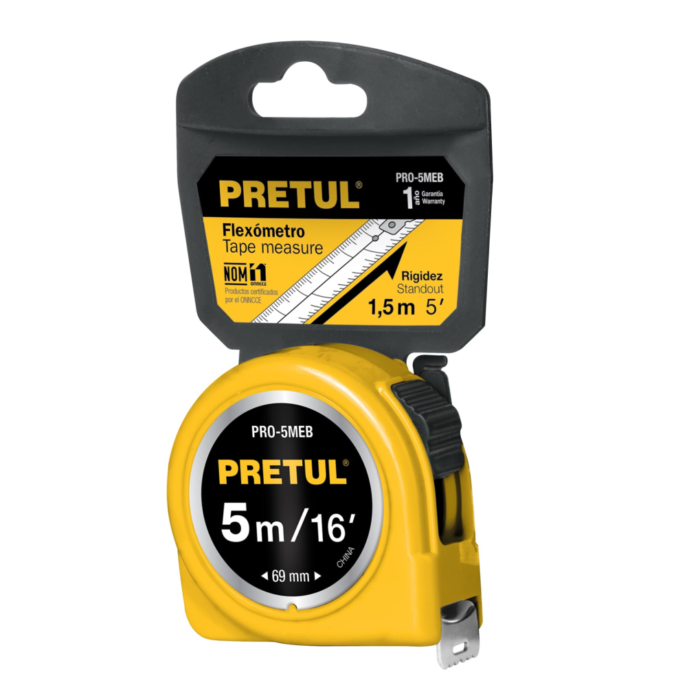 Flexómetro amarillo 5 m cinta 19 mm, en tarjeta, PRETUL PRO-5MEB