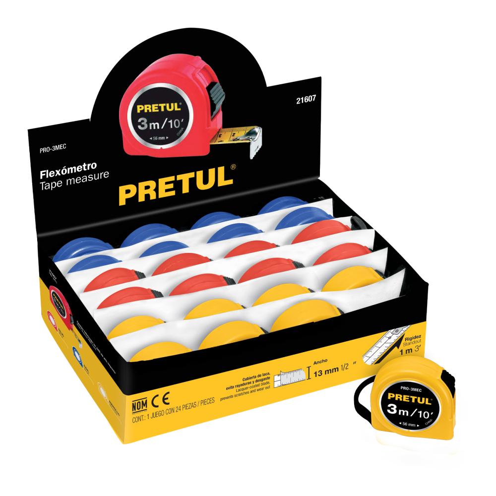 Flexómetro 3 m cinta 13 mm, en display box, PRETUL PRO-3MEC