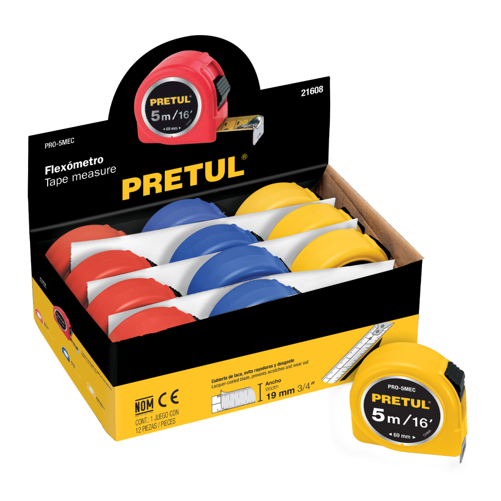 Flexómetro 5 m cinta 19 mm, en display box, PRETUL PRO-5MEC