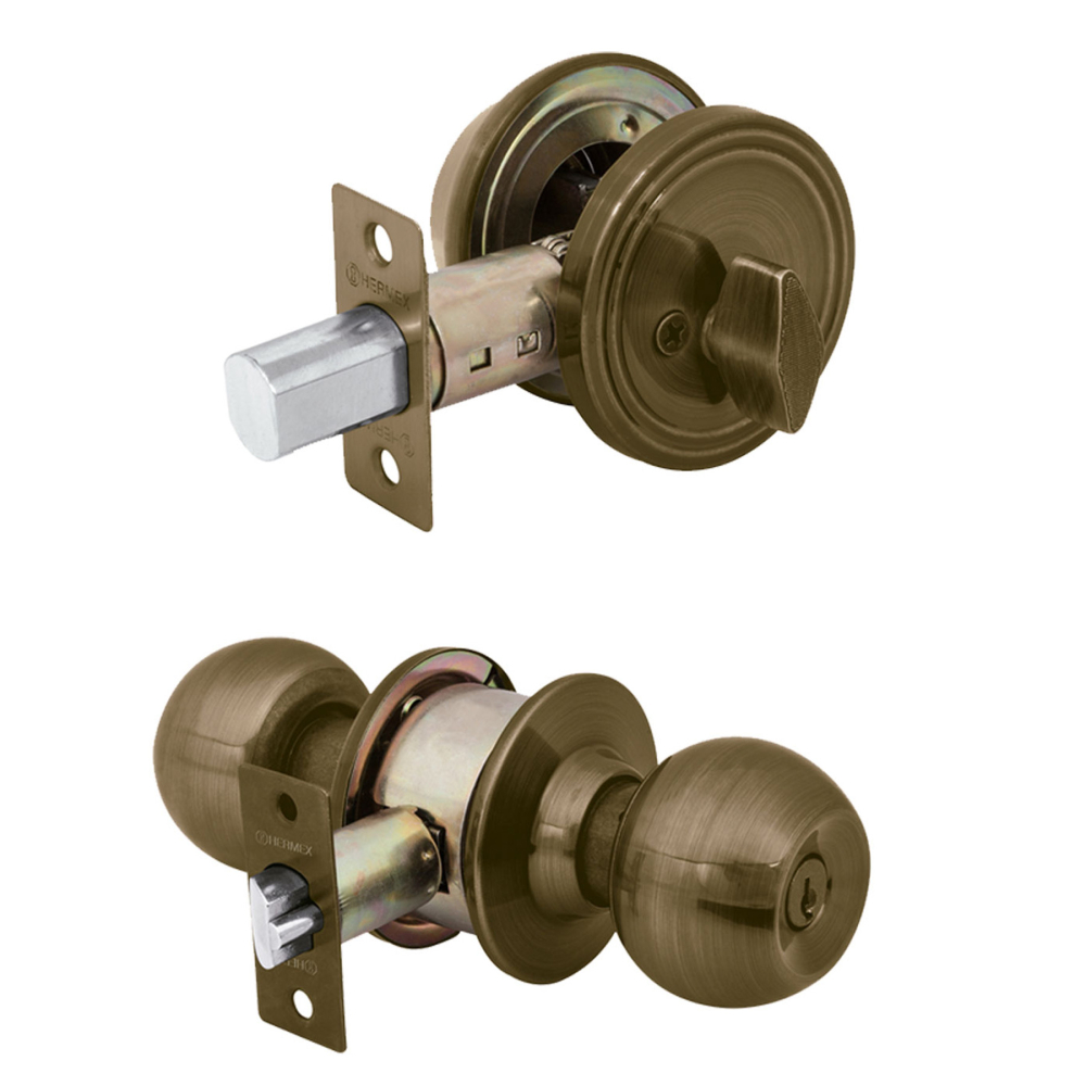 Combo cerraduras, llave-mariposa, latón antiguo HERMEX BASIC CMB-21P