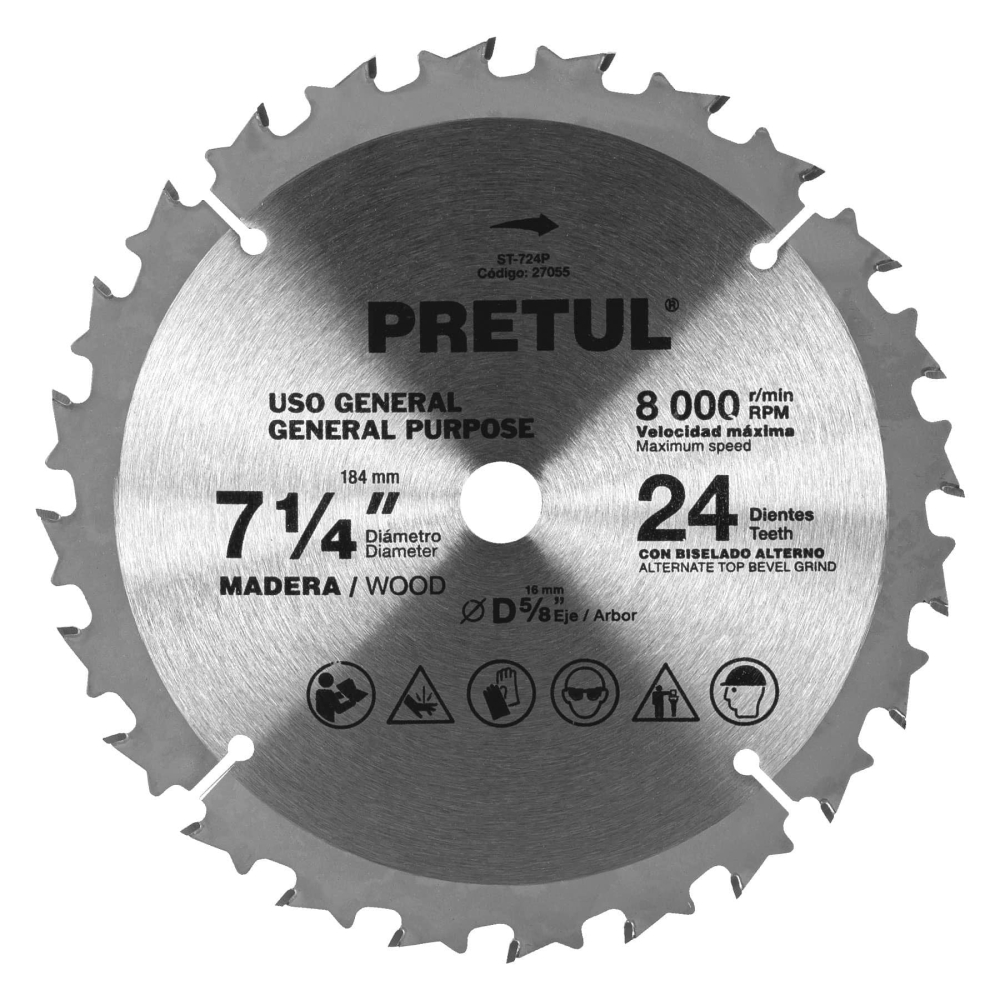Disco sierra 7-1/4' p/madera, 24 dientes centro 5/8', PRETUL ST-724P