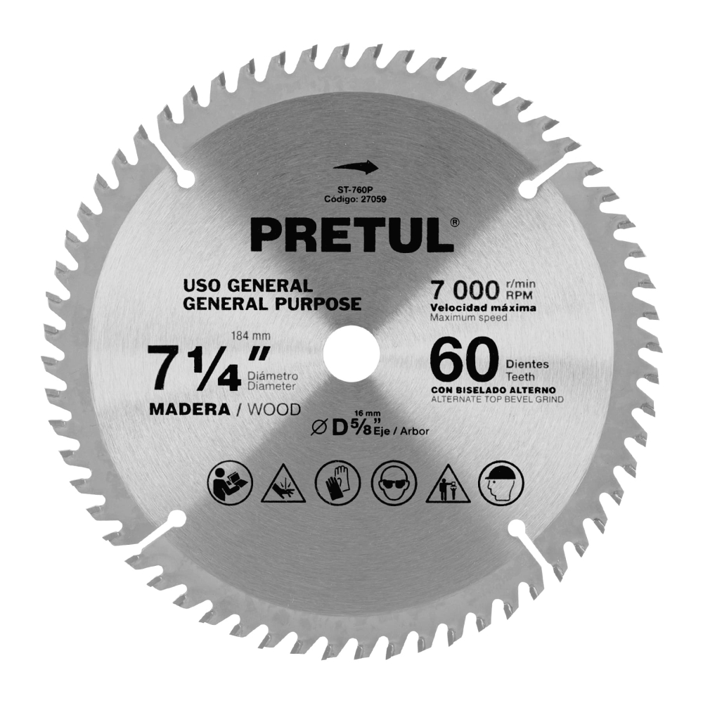 Disco sierra 7-1/4' p/madera, 60 dientes centro 5/8', PRETUL ST-760P
