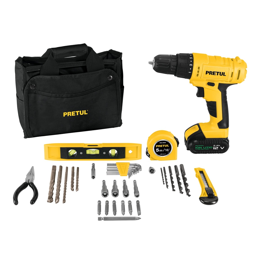 Kit taladro 3/8', 12V, 35 accesorios, en maleta, PRETUL TALI-12PK