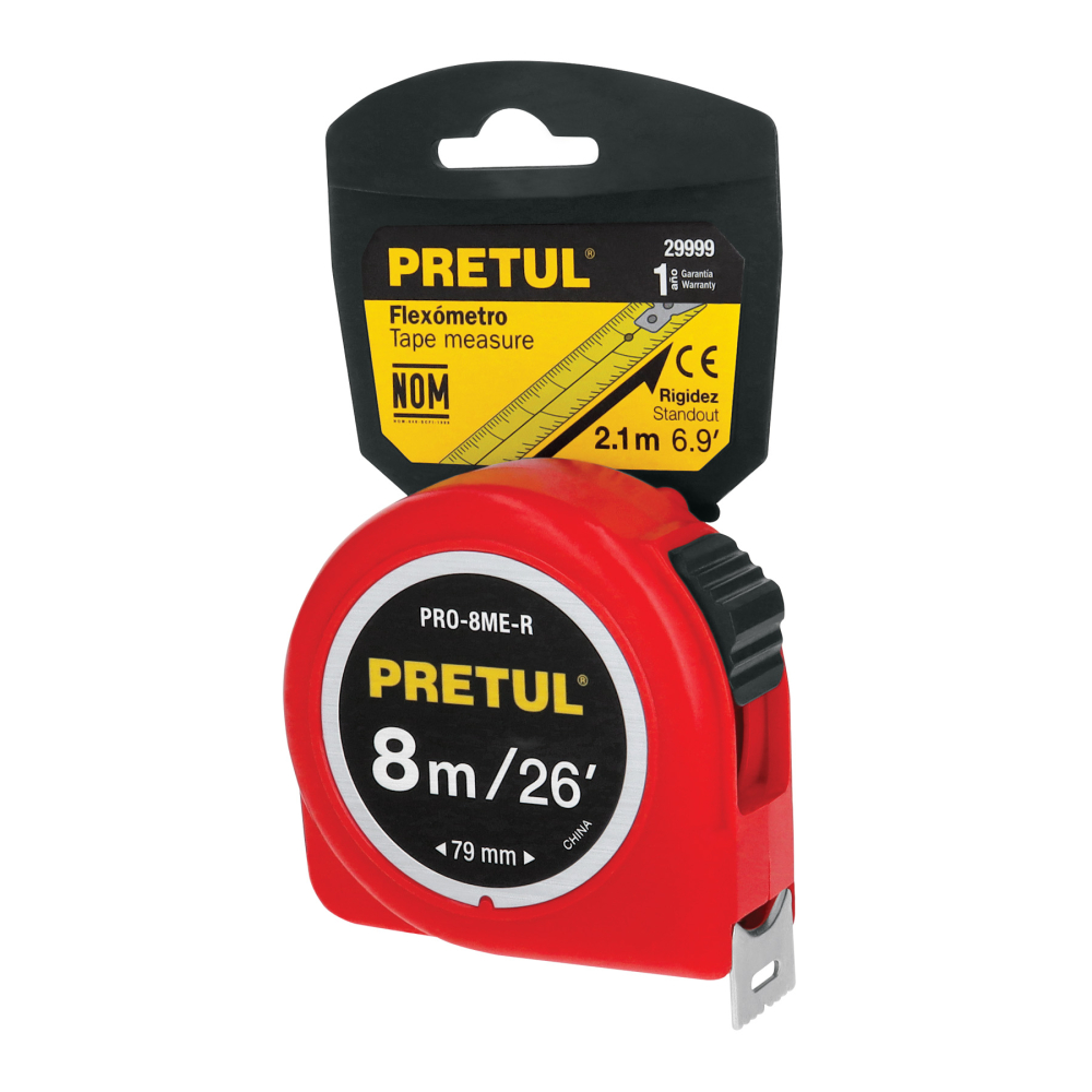 Flexómetro rojo 8 m cinta 25 mm, en tarjeta, PRETUL PRO-8ME-R