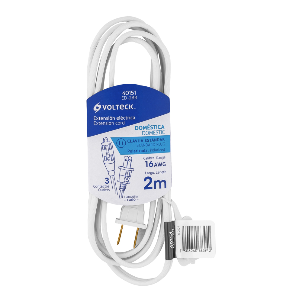 Extensión eléctrica doméstica 2 m clavija recta, blanca ED-2BR