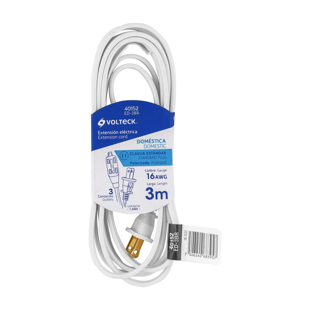 Extensión eléctrica doméstica 3 m clavija recta, blanca ED-3BR