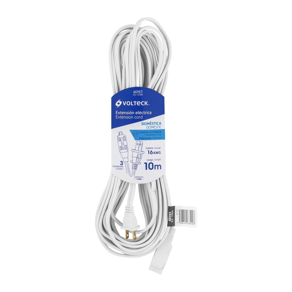 Extensión eléctrica doméstica 10 m clavija recta, blanca ED-10BR