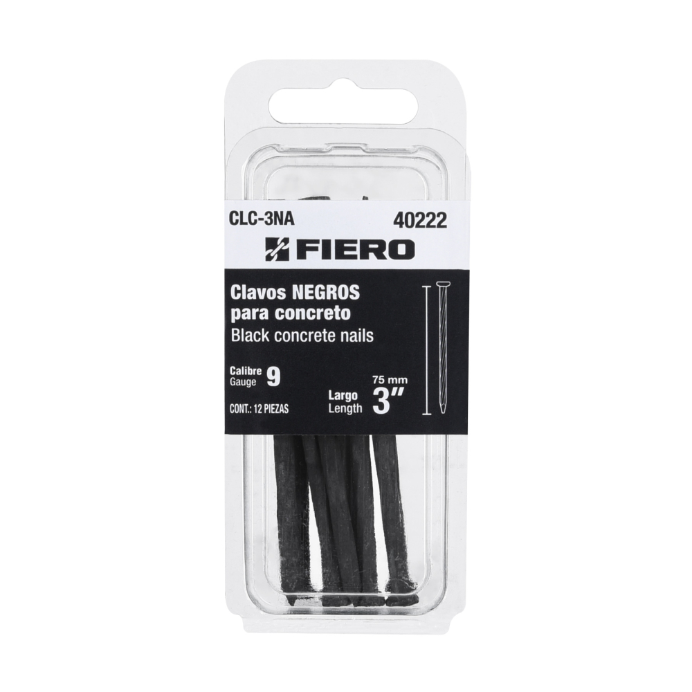 Blíster con 12 clavos negros para concreto 3', FIERO CLC-3NA