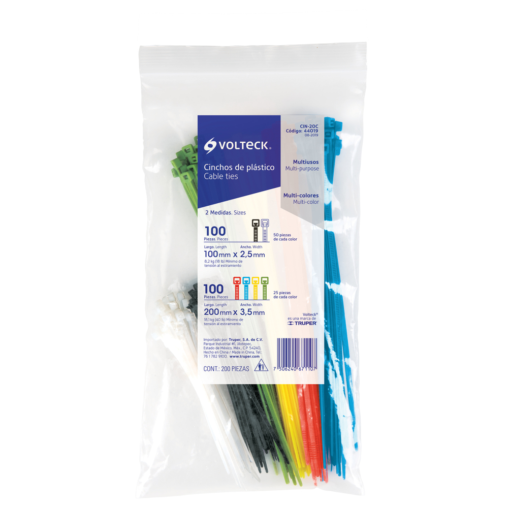 Bolsa con 200 cinchos plásticos en colores surtidos, VOLTECK CIN-20C