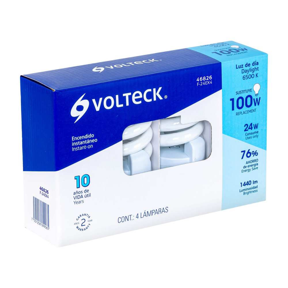 Pack 4 lámparas espiral T4 24 W luz de día, caja, VOLTECK F-24EX4