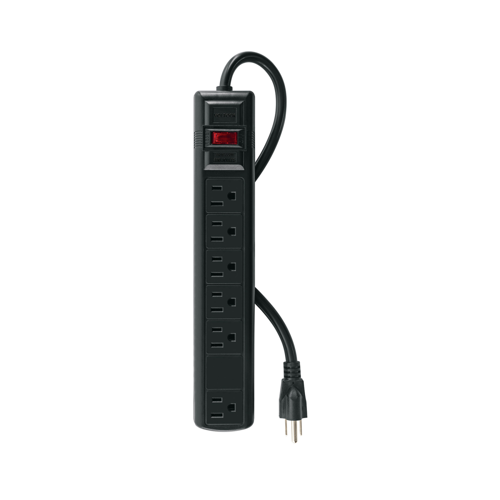 Multicontacto 14 AWG 6 ent., sup. de picos 450 joules, negro MUL-645N