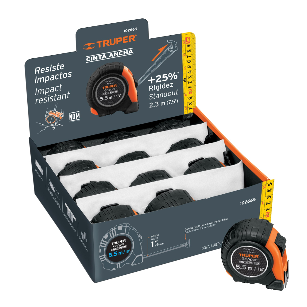 Flexómetro Gripper 5.5m cinta 25mm display box con 12 piezas FH-55MC