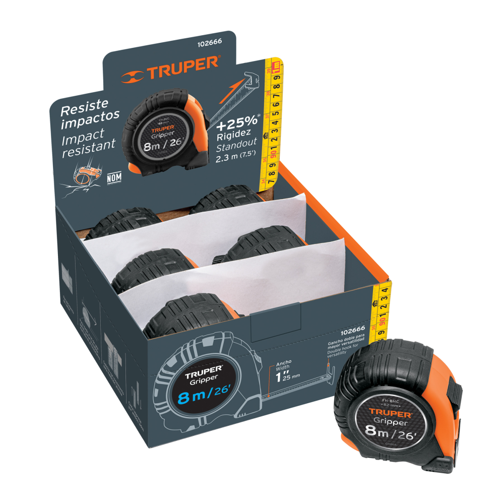 Flexómetro Gripper 8 m cinta 25 mm display box con 6 piezas FH-8MC
