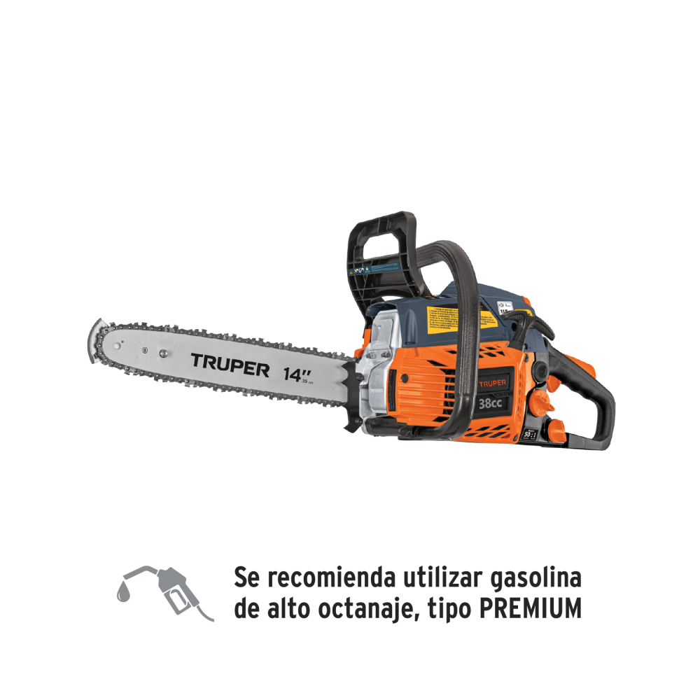 Motosierra 38 cc a gasolina con barra de 14', TRUPER MOT-3814