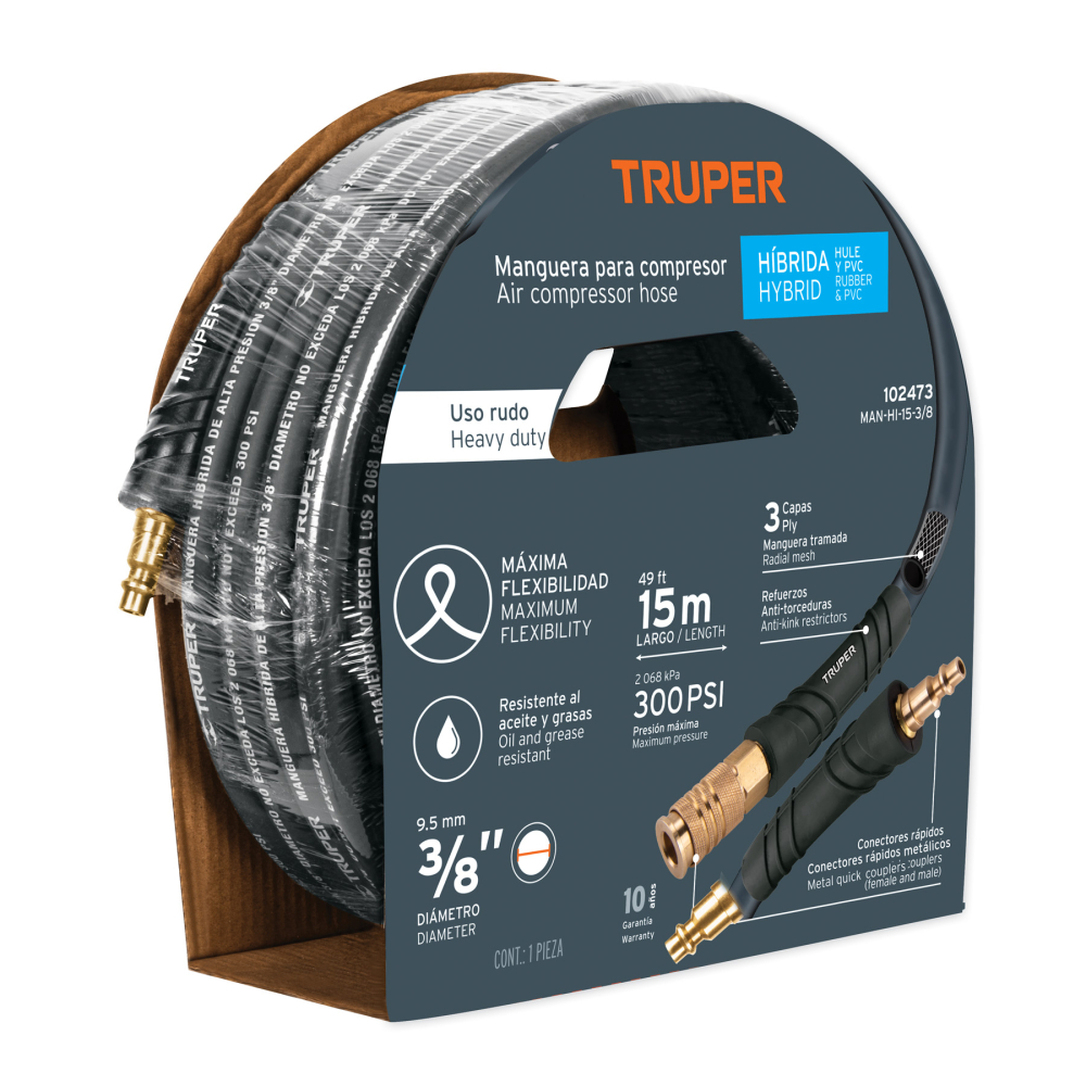Manguera para compresor, híbrida, 15m x 3/8', TRUPER MAN-HI-15-3/8