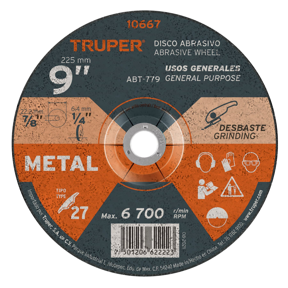 Disco Tipo 27 de 9' x 6.4 mm para desbaste de metal, TRUPER ABT-779