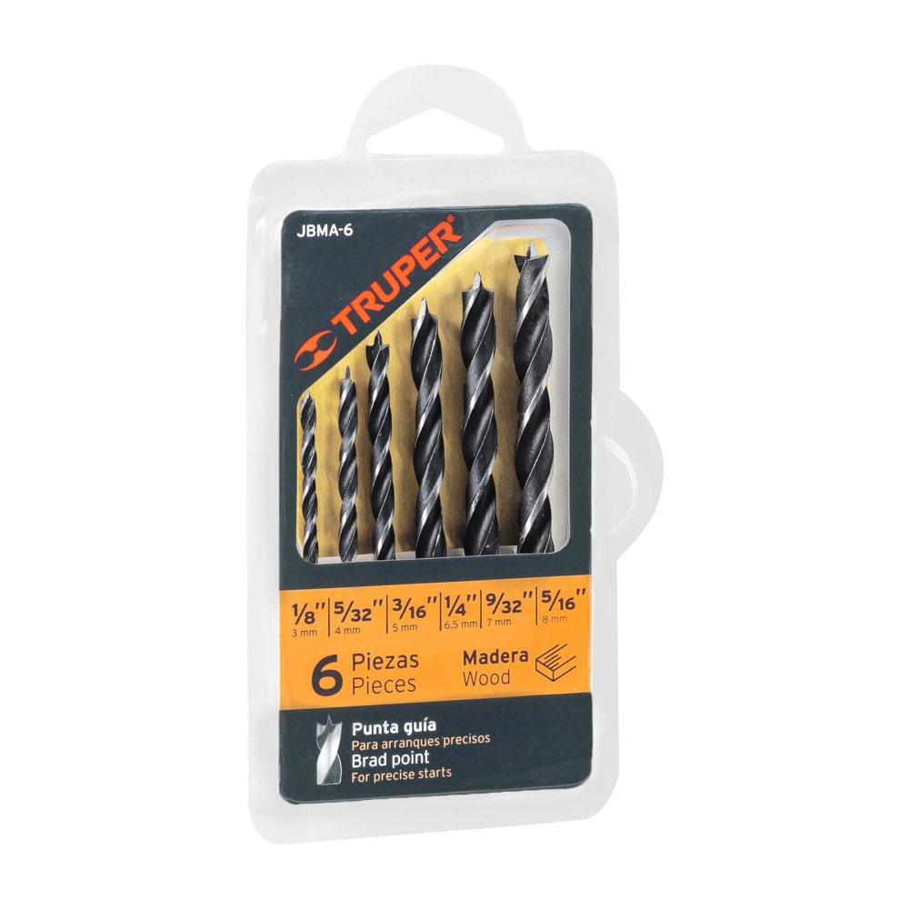 Juego de 6 brocas con punta centradora para madera, TRUPER JBMA-6