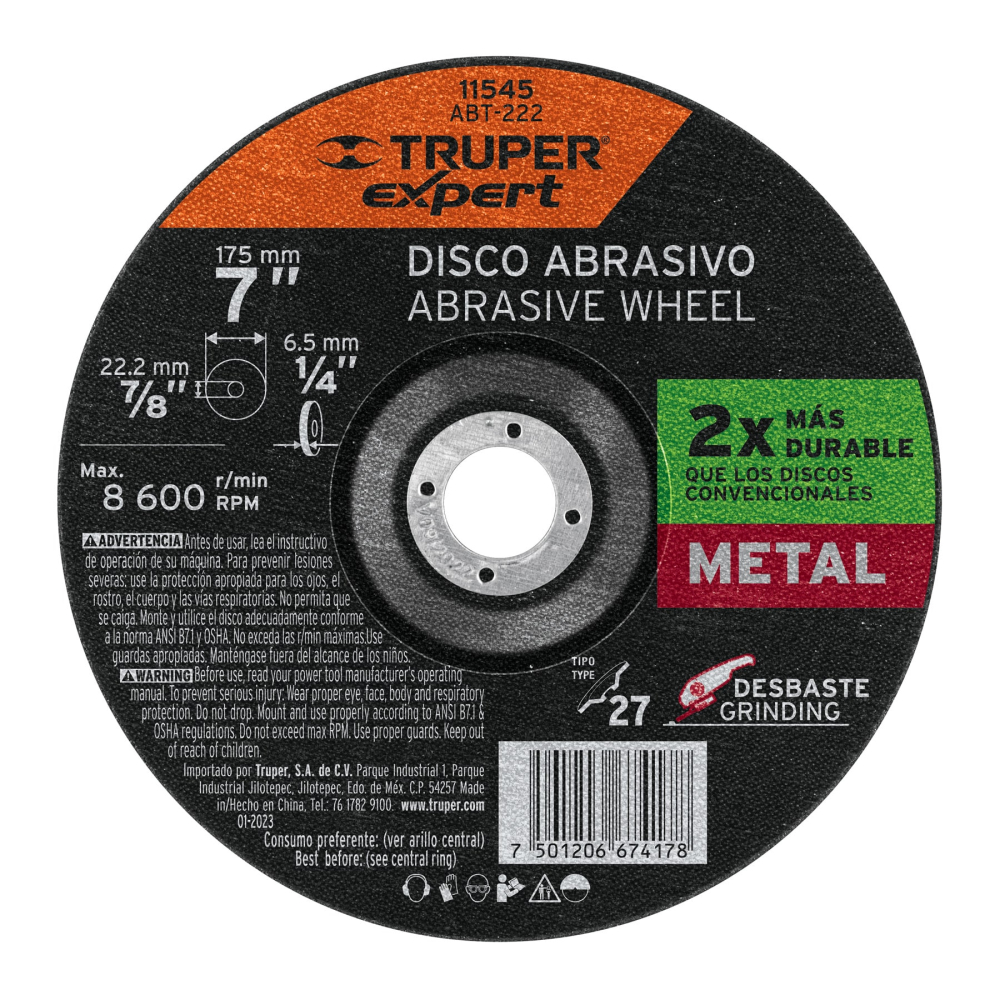 Disco Tipo 27 de 7' x 6.4 mm desbaste de metal, EXPERT ABT-222