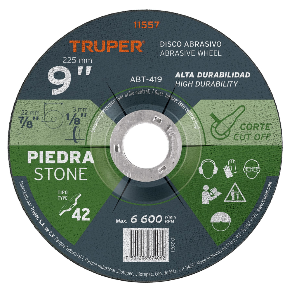 Disco Tipo 42 de 9' x 3.2 mm para corte de piedra, TRUPER ABT-419