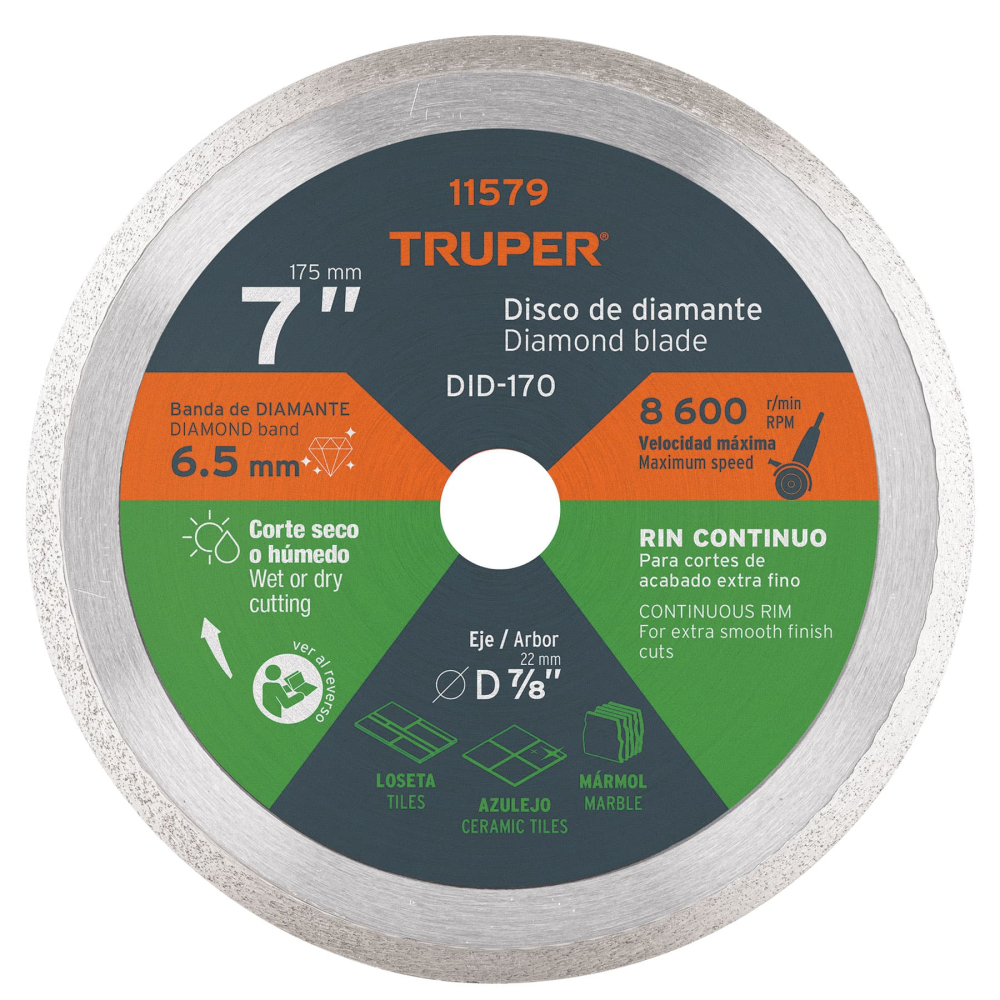Disco de diamante de 7' x 2.2 mm, rin continuo, TRUPER DID-170