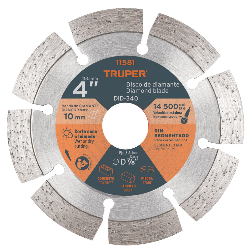 Disco de diamante de 4' x 2.1 mm, rin segmentado, TRUPER DID-340